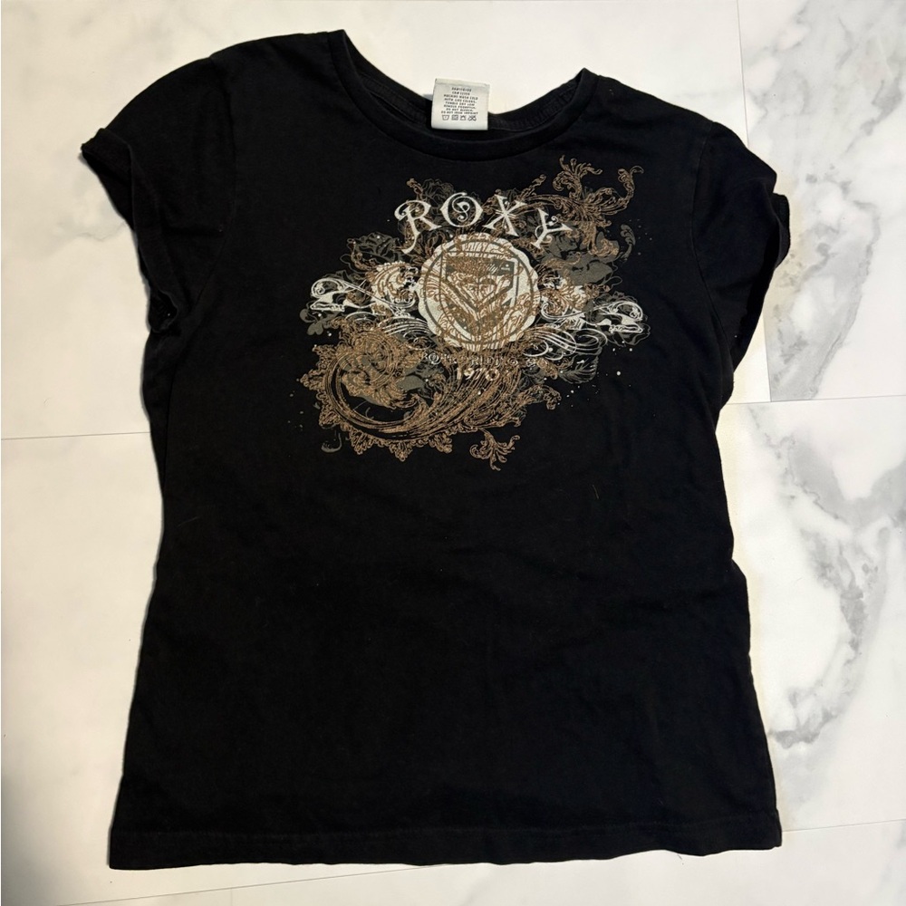 Roxy Black Tee with Metallic Gold and White Crest